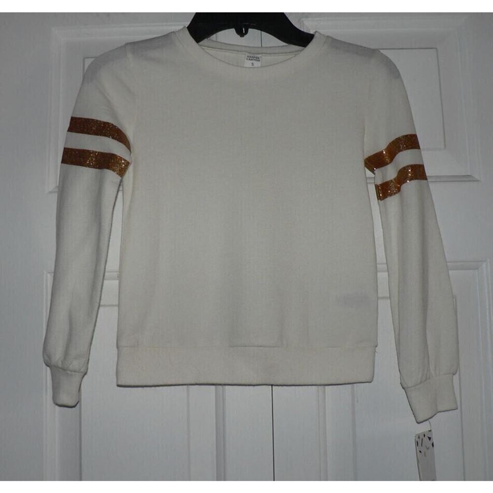 Harper Canyon Girls Long Sleeve Gold Glitter Striped Sweatshirt In Ivory Egret 5